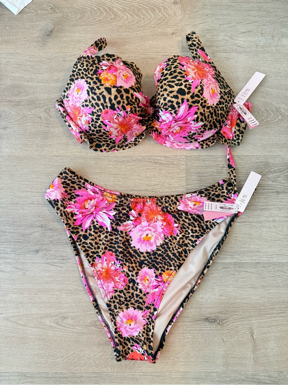 Victorias Secret Leopard High-Waist Bikini Set - Pink Floral Leopard 34DDD + XL